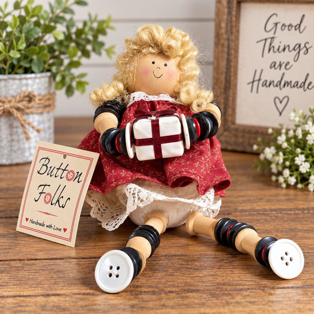 Vintage 1997 Birthday Girl Ganz Button Baby Doll Folk Art Gift Collectible 7"
